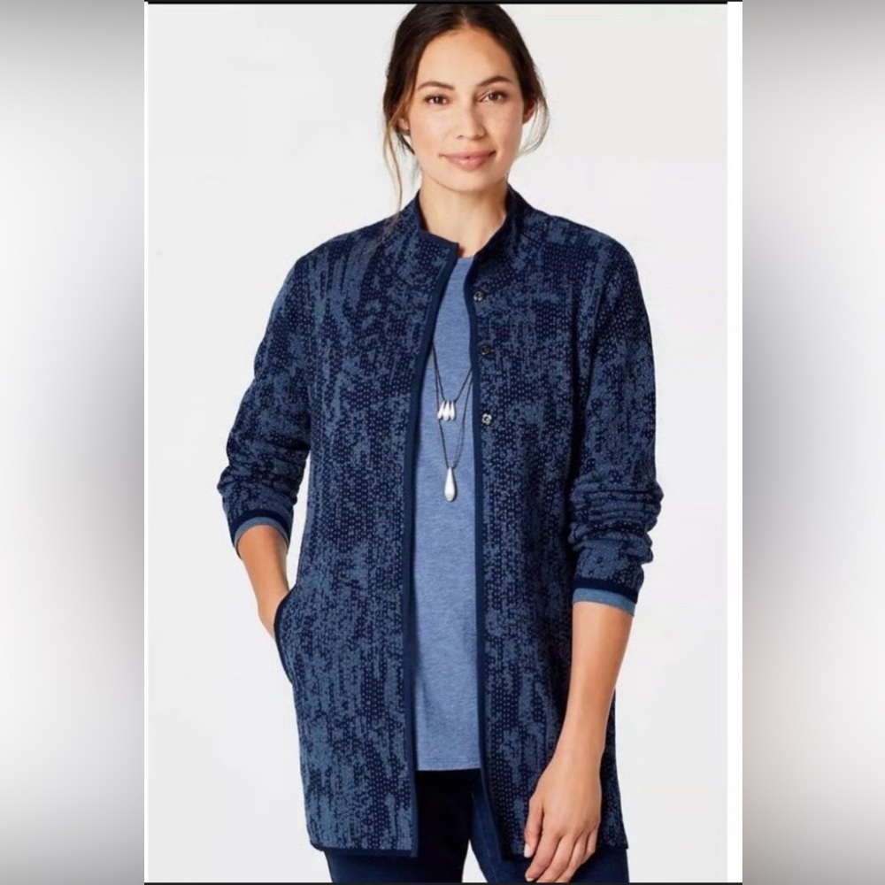 Pure Jill Intarsia Jacquard Blue Patterned, Longer Line, 2 Button Cardigan 4X.